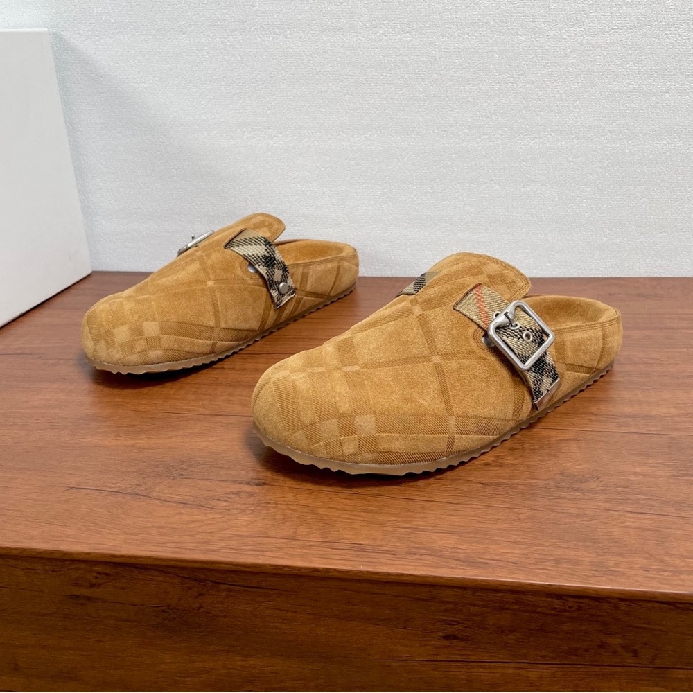 Burberry Tan Suede Clog Mules with Check-Pattern Buckle